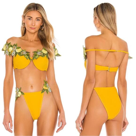 Andrea lyamah Mona Lemon Floral Embroidered Yellow Bikini Swim Set Size XL - Picture 1 of 13
